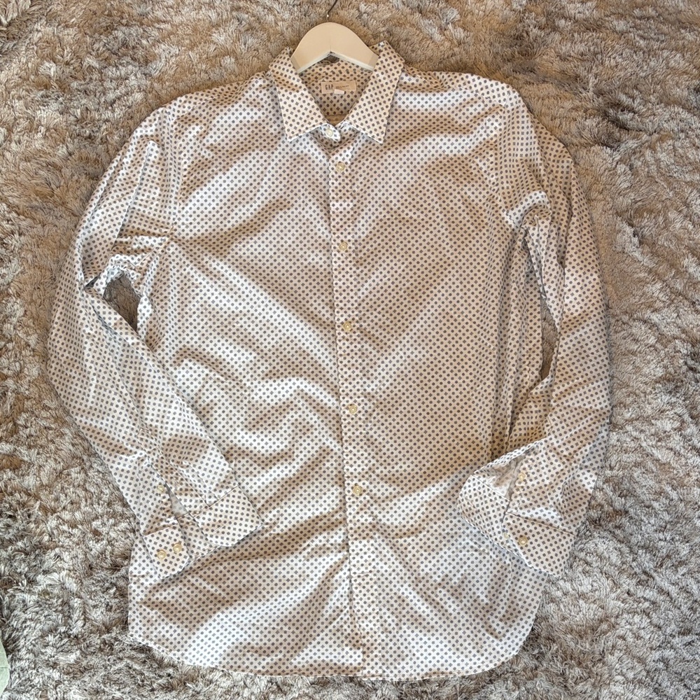 GAP Men's White Blue Patterned Long Sleeve Button Dress Shirt Slim Fit XL Tall